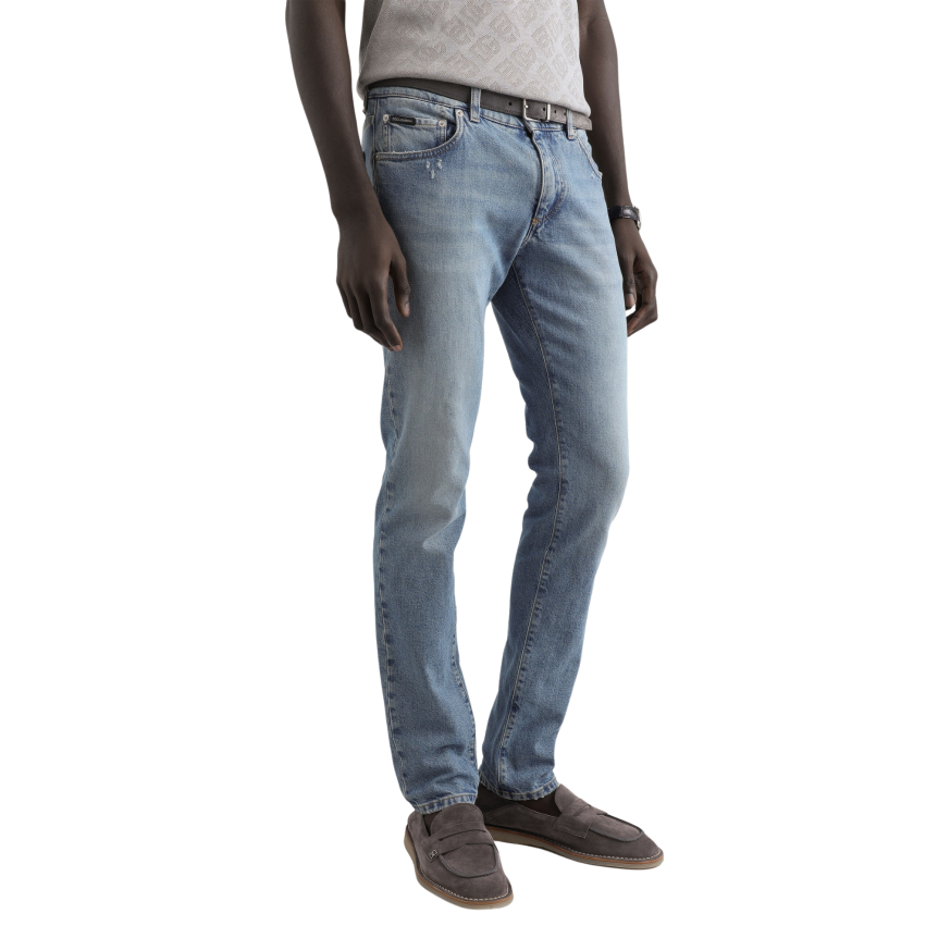 Jean skinny DOLCE & GABBANA denim coton bleu clair plaque métal poche