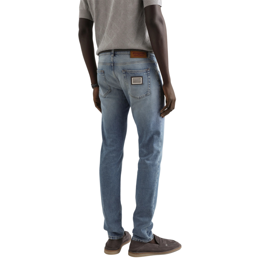 Jean skinny DOLCE & GABBANA denim coton bleu clair plaque métal poche