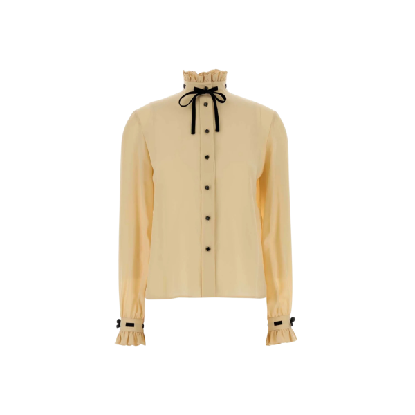 Chemise VALENTINO soie vanille volants bouton lien col montant noir