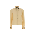 Chemise soie vanille volants bouton lien col montant noir