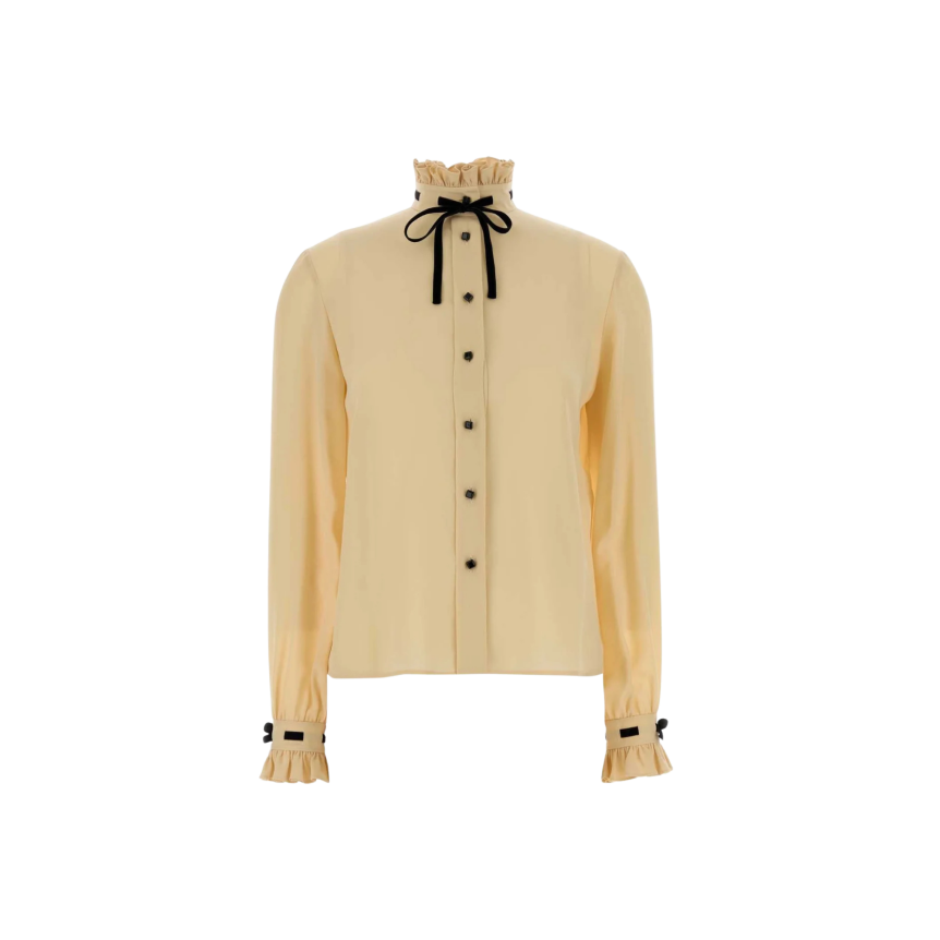 Chemise VALENTINO soie vanille volants bouton lien col montant noir