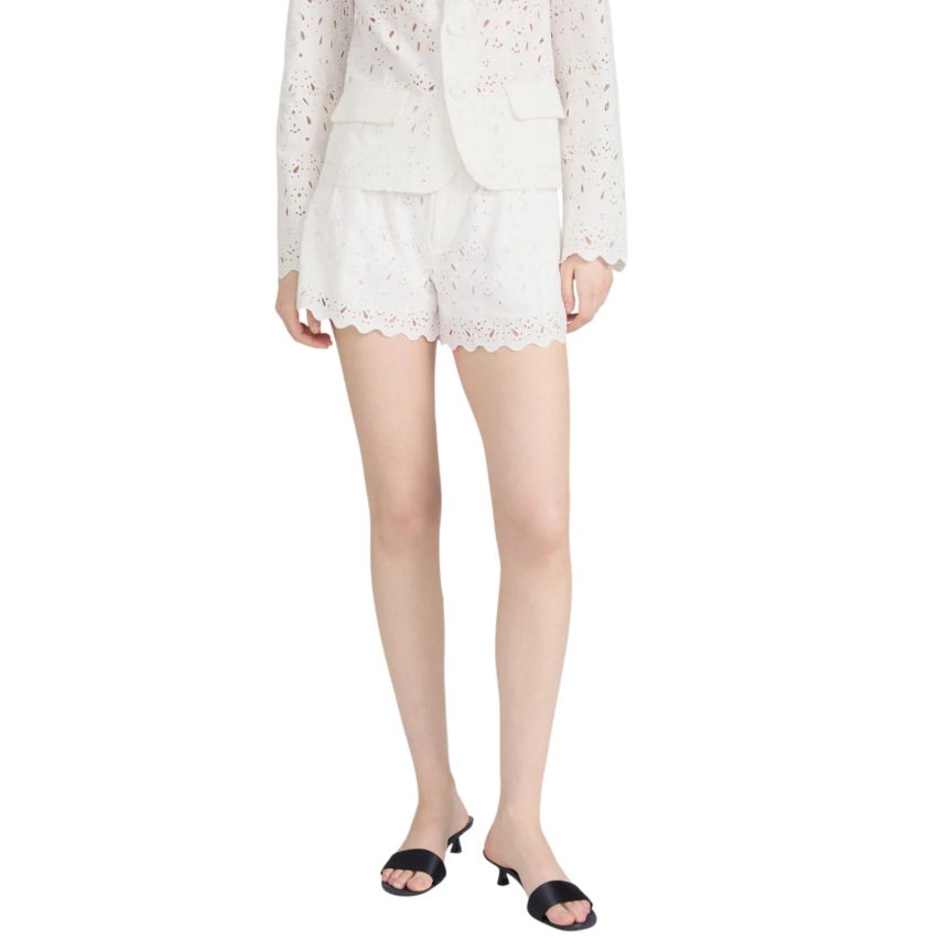 Short ALBERTA FERRETTI coton denim blanc perforé fleurs