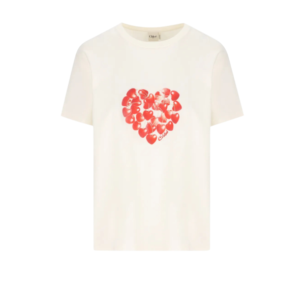 T-shirt col rond CHLOE coton écru imprimé cœur rouge cerises