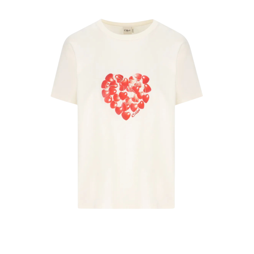 T-shirt col rond CHLOE coton écru imprimé cœur rouge cerises