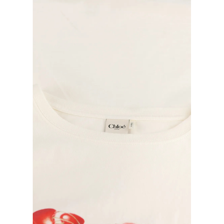 T-shirt col rond CHLOE coton écru imprimé cœur rouge cerises