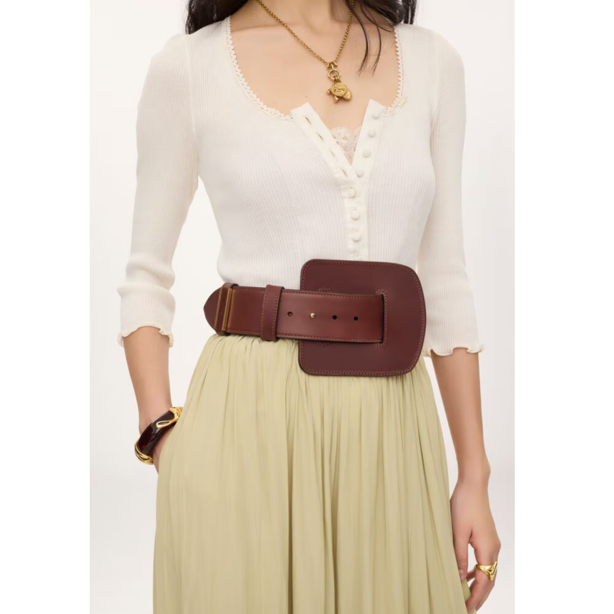 Ceinture CHLOE Max extra large cuir de veau marron boucle carré doré
