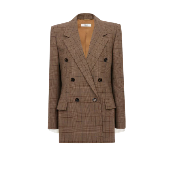 Veste blazer croisée CHLOE en laine à carreaux camel marron