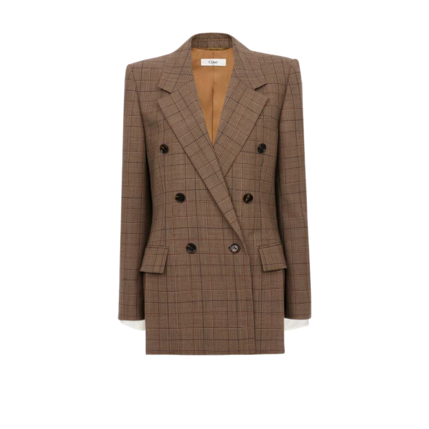Veste blazer croisée CHLOE en laine à carreaux camel marron