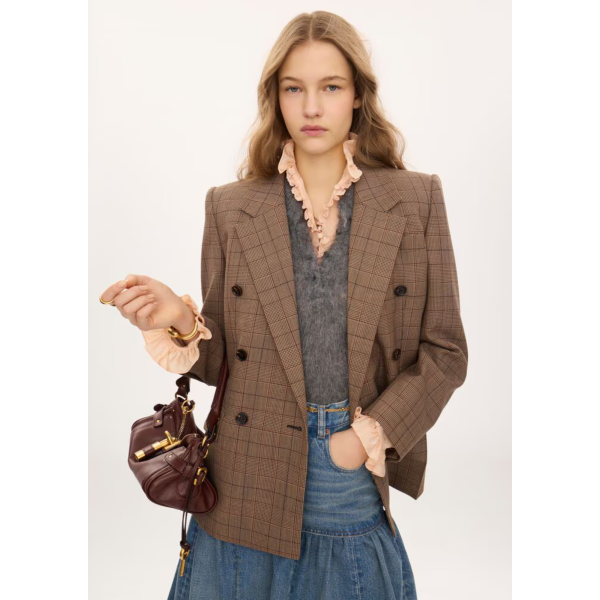 Veste blazer croisée CHLOE en laine à carreaux camel marron