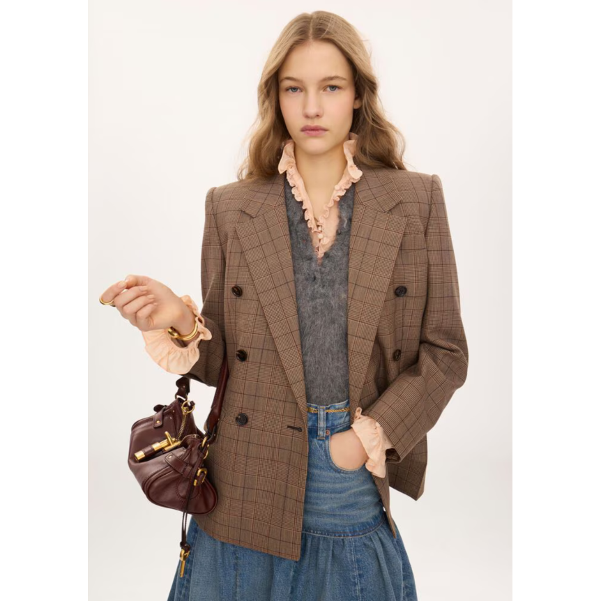 Veste blazer croisée CHLOE en laine à carreaux camel marron