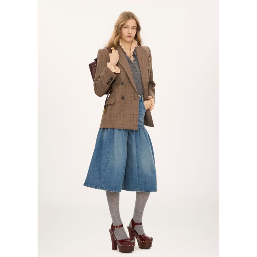 Veste blazer croisée CHLOE en laine à carreaux camel marron