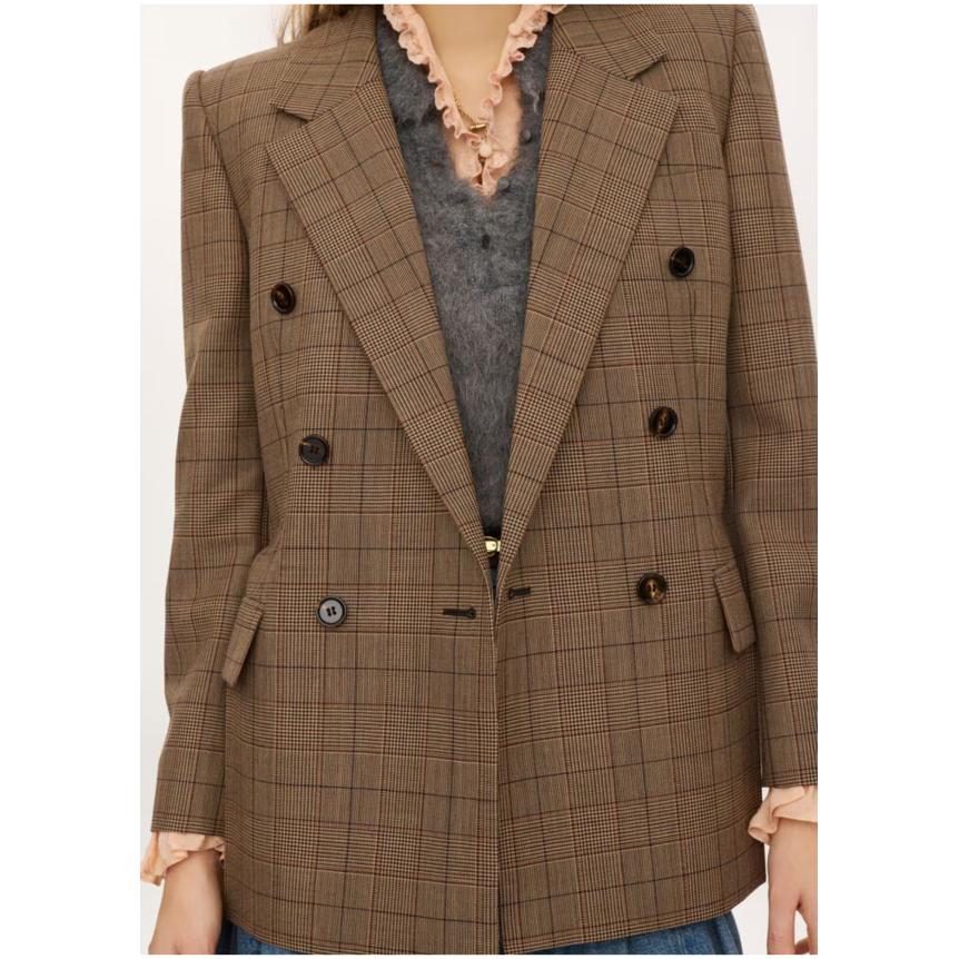 Veste blazer croisée CHLOE en laine à carreaux camel marron