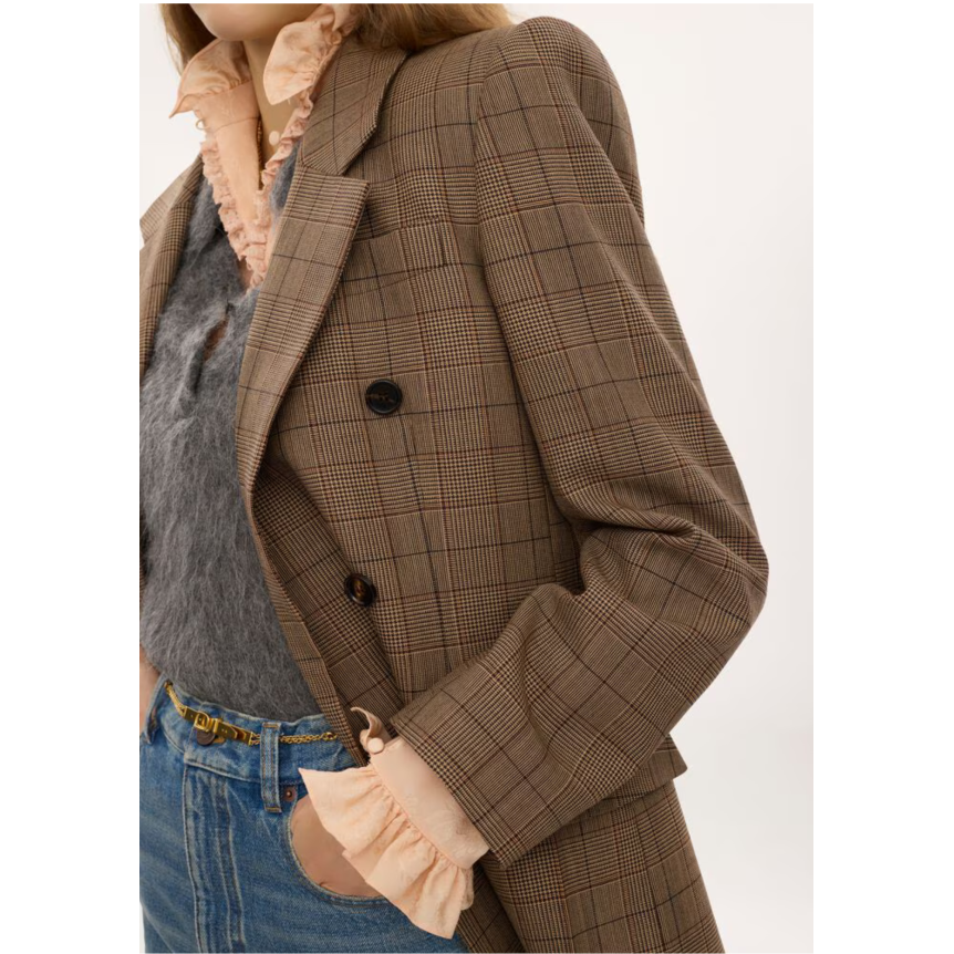 Veste blazer croisée CHLOE en laine à carreaux camel marron