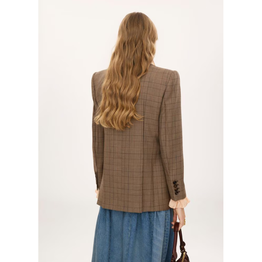 Veste blazer croisée CHLOE en laine à carreaux camel marron