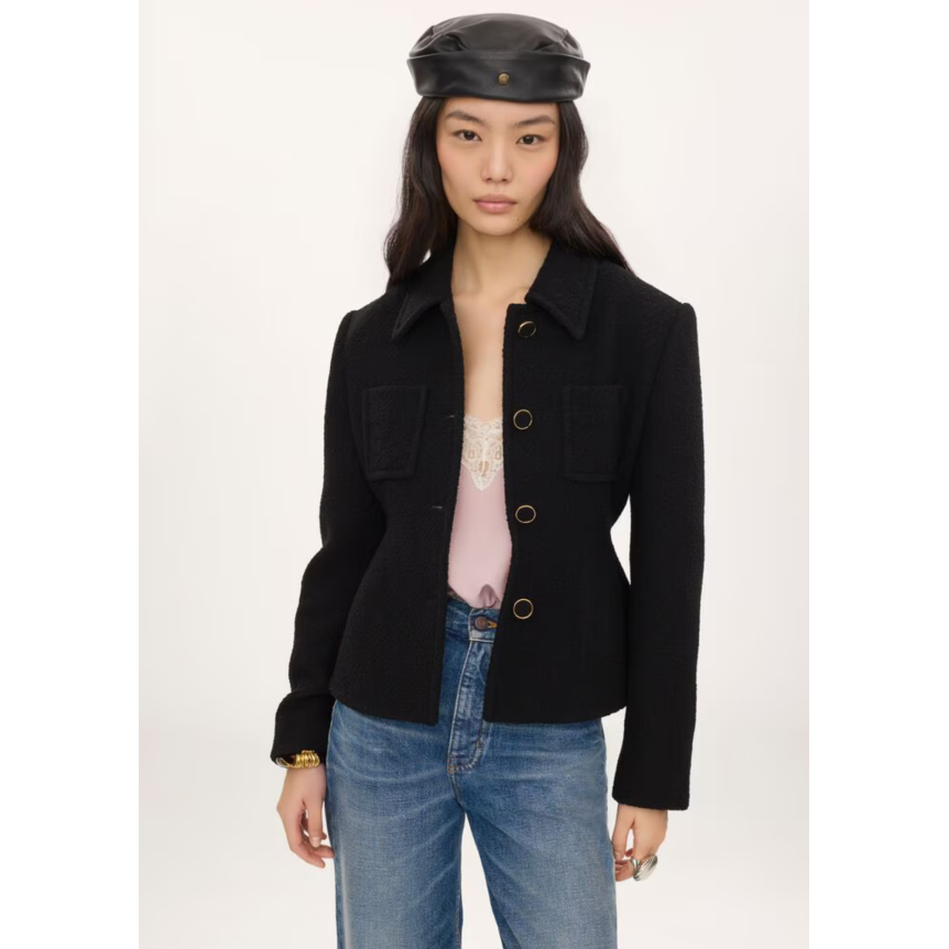 Veste blazer ajustée CHLOE en laine bouclette noir martingale