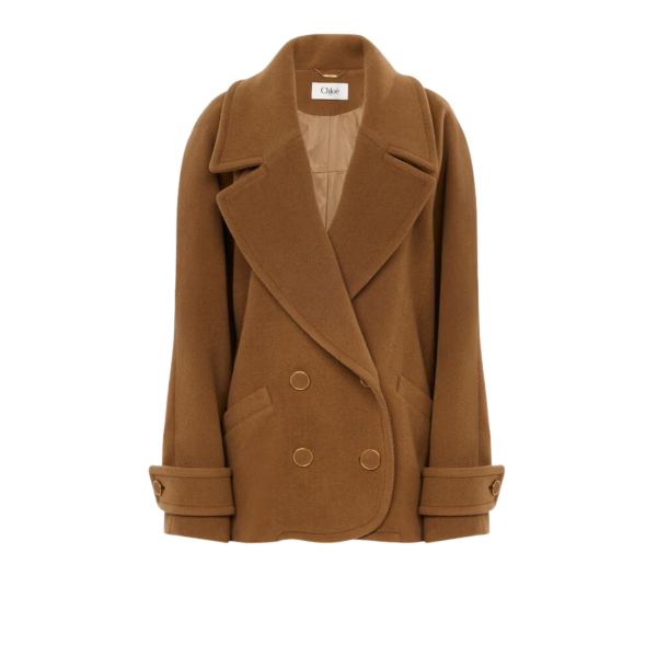 Manteau court croisé CHLOE en laine chevron camel