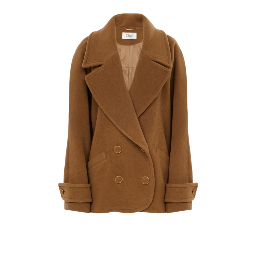 Manteau court croisé CHLOE en laine chevron camel