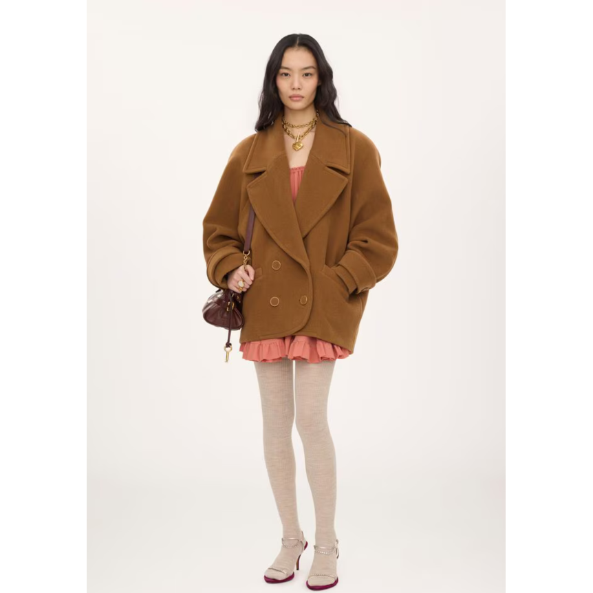Manteau court croisé CHLOE en laine chevron camel
