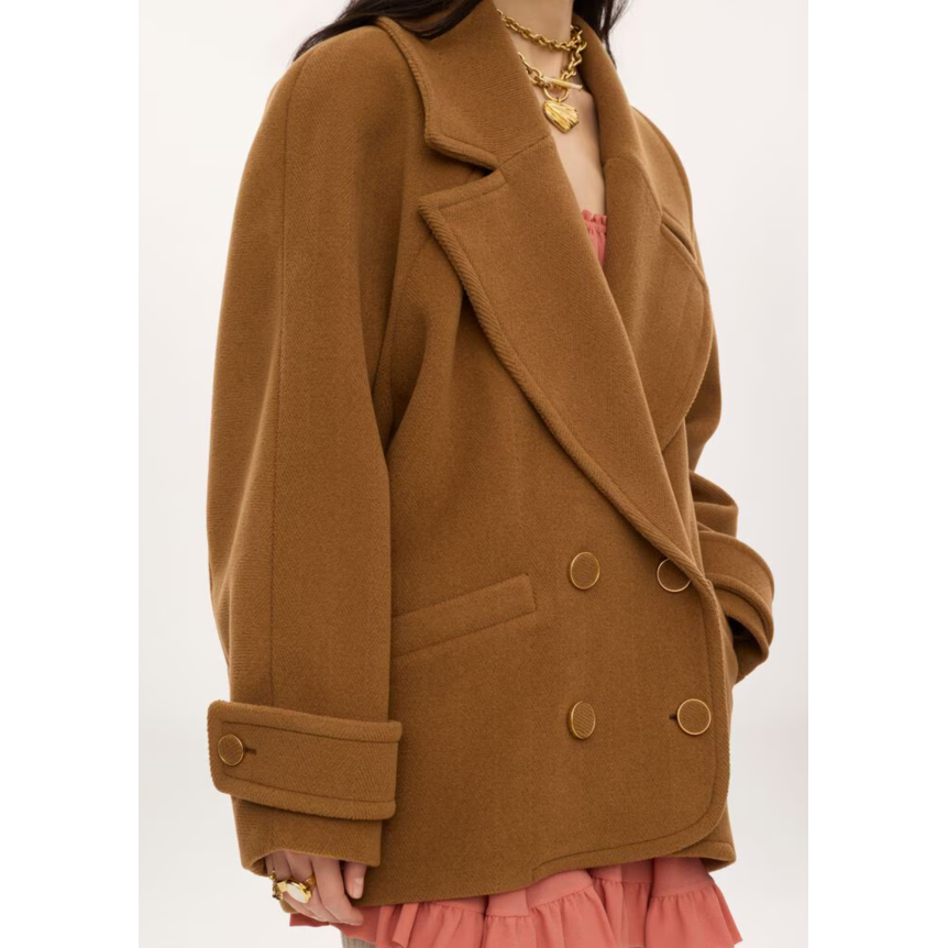 Manteau court croisé CHLOE en laine chevron camel
