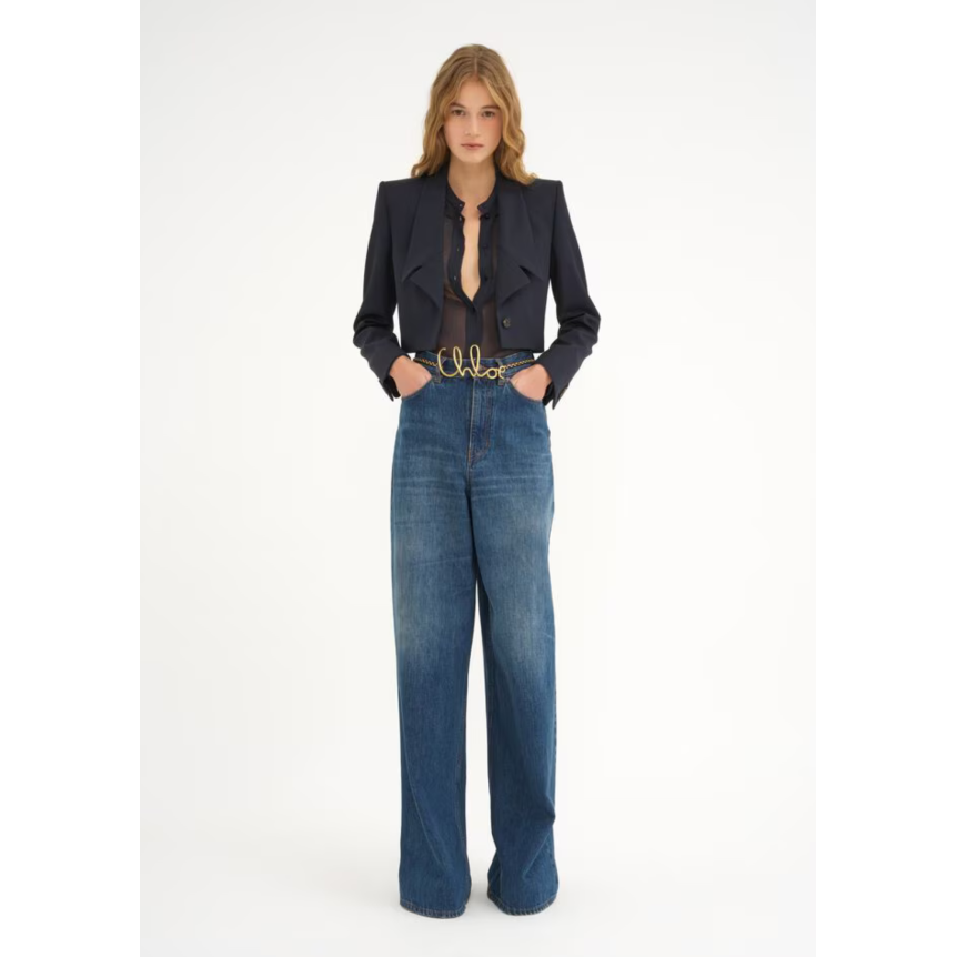 Pantalon Jean CHLOE très large palazzo taille haute denim de coton bio bleu