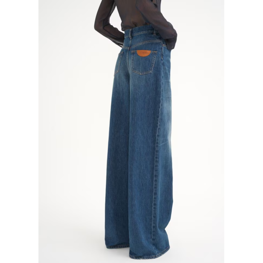 Pantalon Jean CHLOE très large palazzo taille haute denim de coton bio bleu