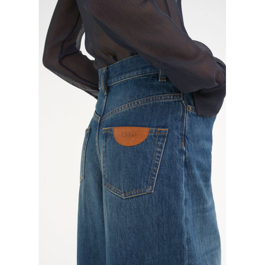 Pantalon Jean CHLOE très large palazzo taille haute denim de coton bio bleu