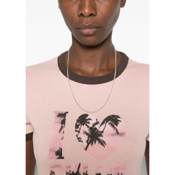 T-shirt col rond CHLOE coton rose imprimé I love You palmiers marron