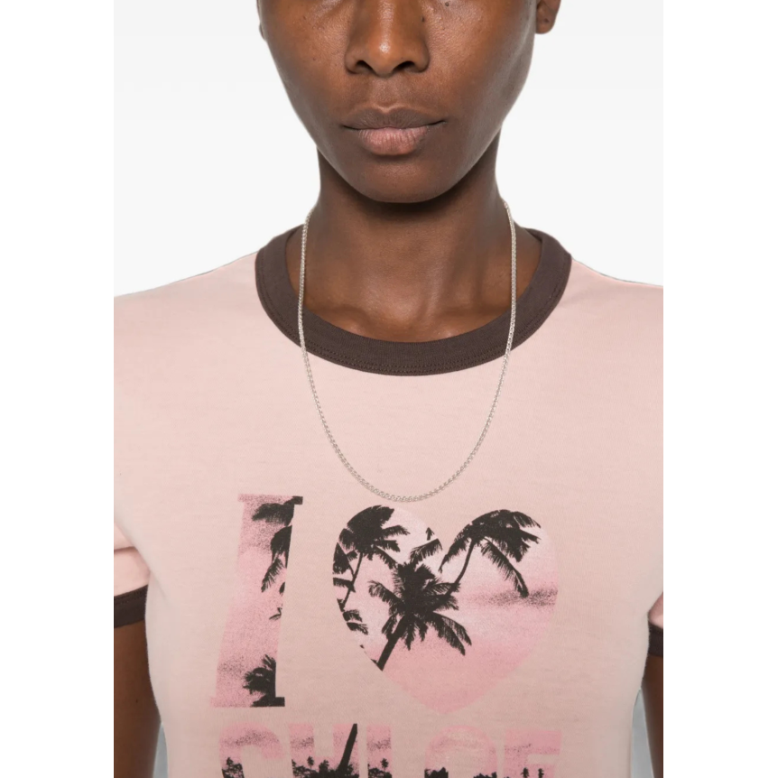 T-shirt col rond CHLOE coton rose imprimé I love You palmiers marron