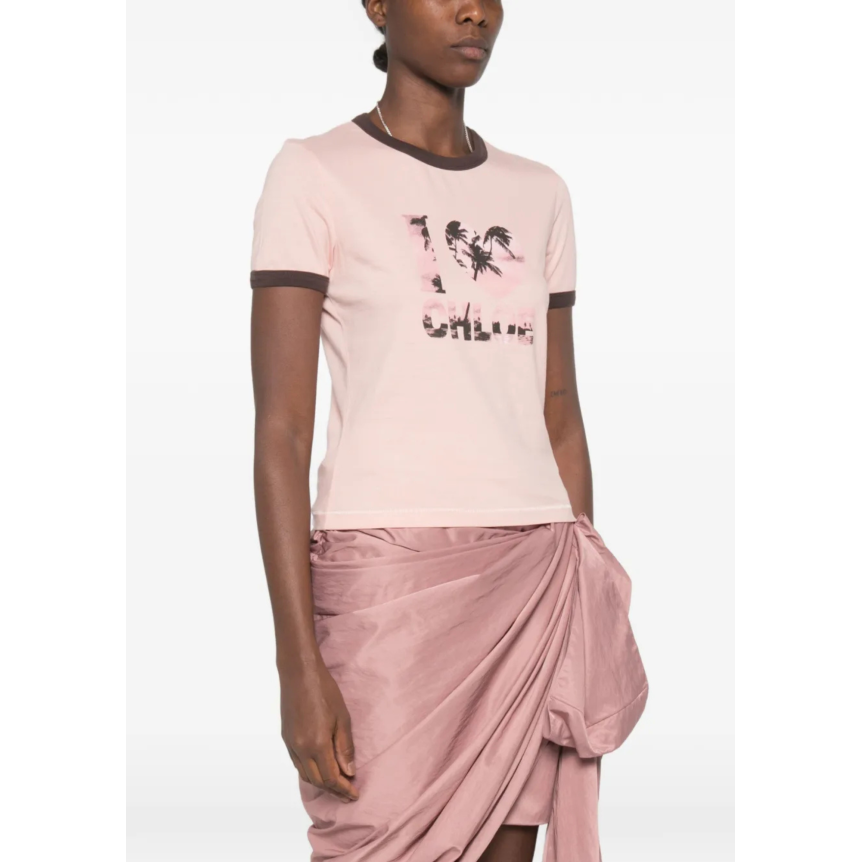 T-shirt col rond CHLOE coton rose imprimé I love You palmiers marron