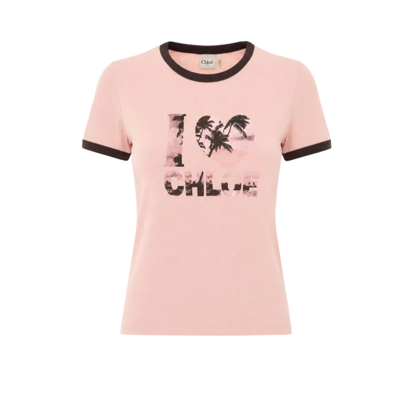 T-shirt col rond CHLOE coton rose imprimé I love You palmiers marron