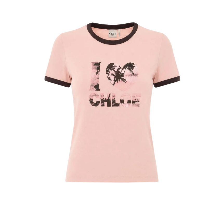 T-shirt col rond CHLOE coton rose imprimé I love You palmiers marron