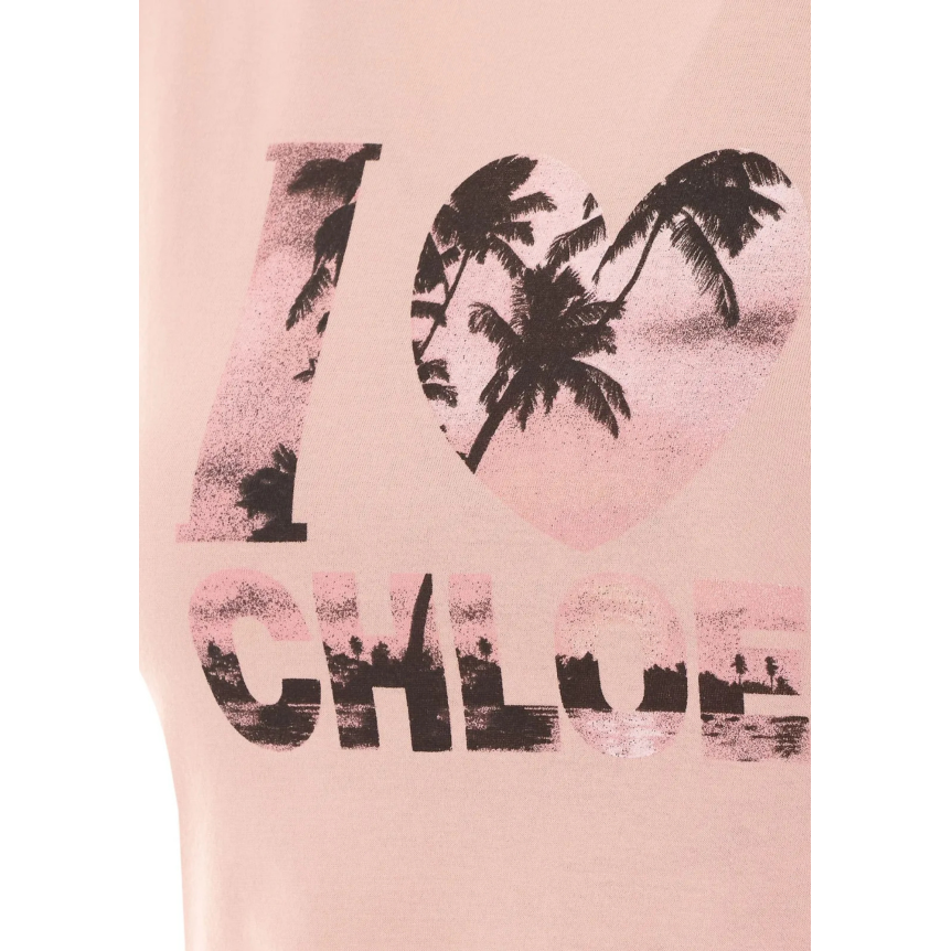 T-shirt col rond CHLOE coton rose imprimé I love You palmiers marron