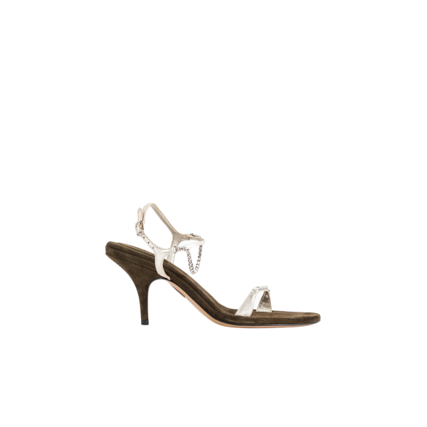 Sandales à talon CHLOE Zia daim kaki bride cuir argenté strass