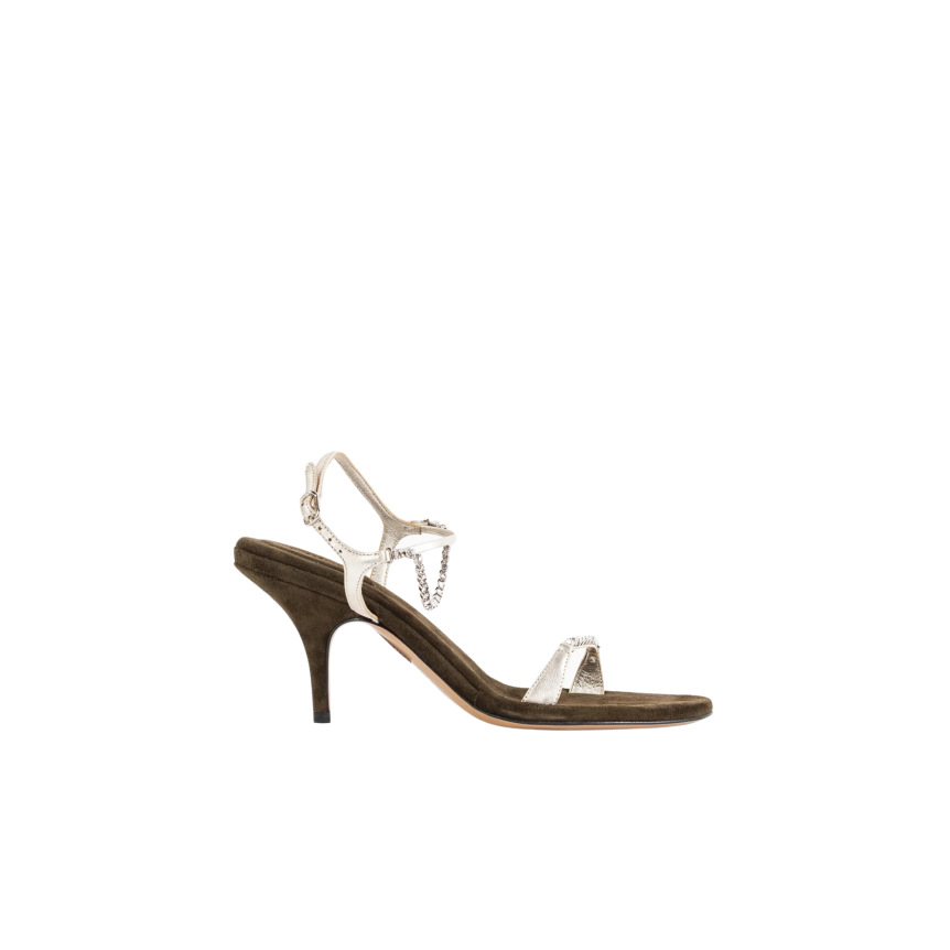 Sandales à talon CHLOE Zia daim kaki bride cuir argenté strass