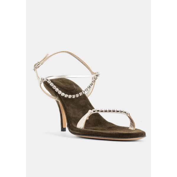 Sandales à talon CHLOE Zia daim kaki bride cuir argenté strass