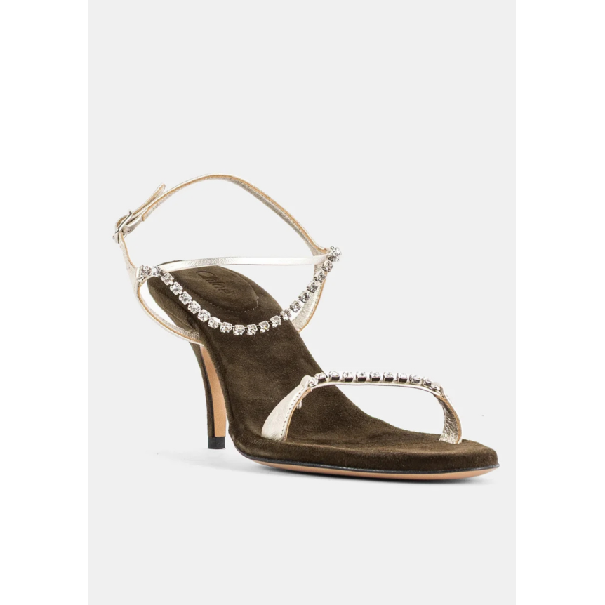 Sandales à talon CHLOE Zia daim kaki bride cuir argenté strass