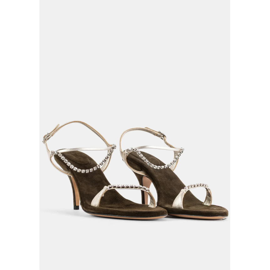 Sandales à talon CHLOE Zia daim kaki bride cuir argenté strass
