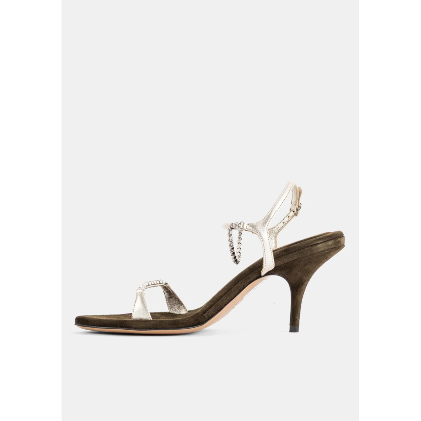 Sandales à talon CHLOE Zia daim kaki bride cuir argenté strass