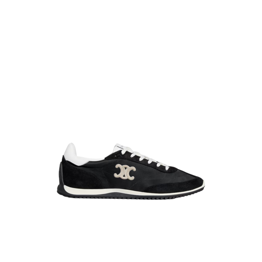 Sneaker Basket basse CELINE Racer nylon cuir veau velours noir Triomphe blanc