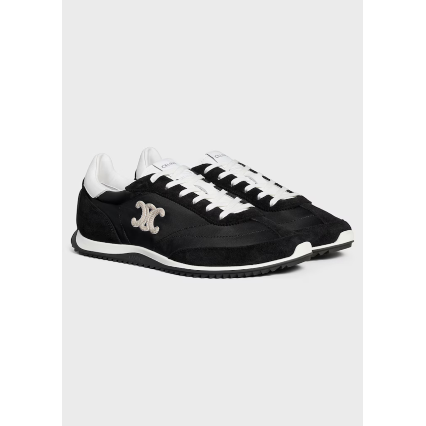 Sneaker Basket basse CELINE Racer nylon cuir veau velours noir Triomphe blanc
