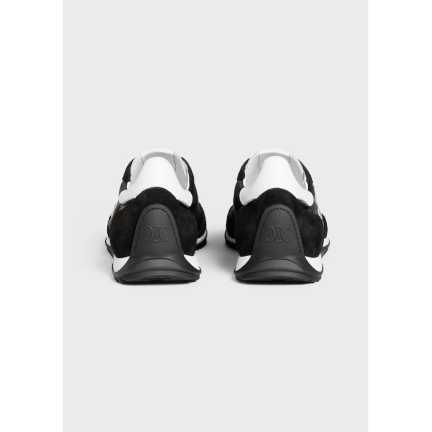 Sneaker Basket basse CELINE Racer nylon cuir veau velours noir Triomphe blanc
