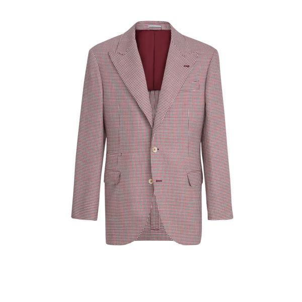 Veste Blazer BRUNELLO CUCINELLI laine vierge soie et lin motif pied-de-poule petit carreaux rouge cerise