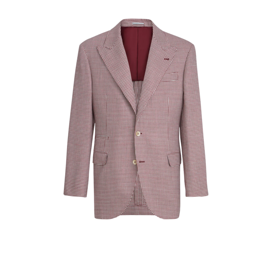 Veste Blazer BRUNELLO CUCINELLI laine vierge soie et lin motif pied-de-poule petit carreaux rouge cerise