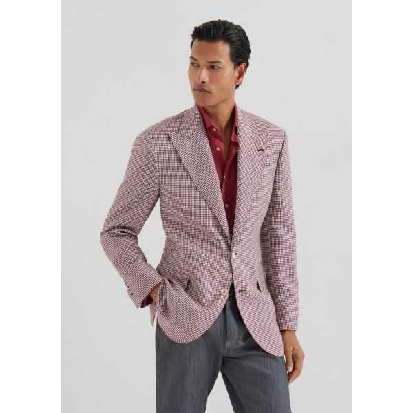 Veste Blazer BRUNELLO CUCINELLI laine vierge soie et lin motif pied-de-poule petit carreaux rouge cerise