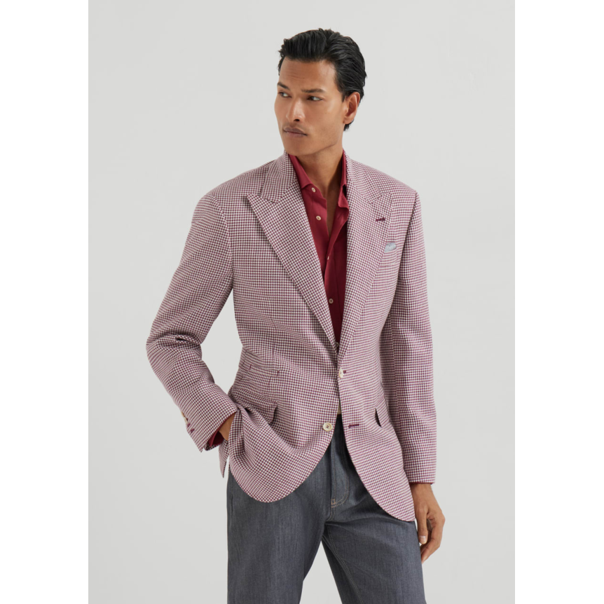 Veste Blazer BRUNELLO CUCINELLI laine vierge soie et lin motif pied-de-poule petit carreaux rouge cerise