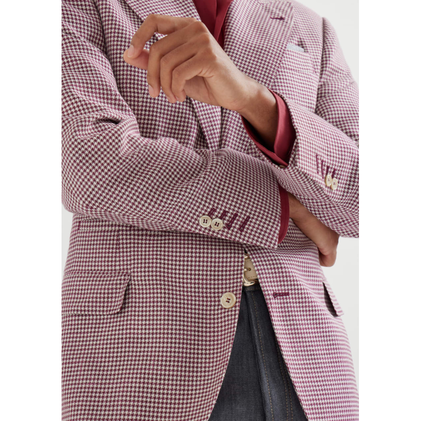 Veste Blazer BRUNELLO CUCINELLI laine vierge soie et lin motif pied-de-poule petit carreaux rouge cerise