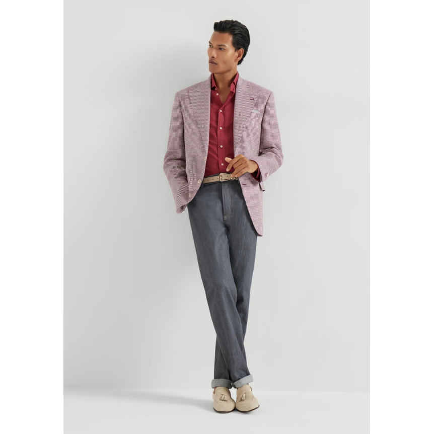 Veste Blazer BRUNELLO CUCINELLI laine vierge soie et lin motif pied-de-poule petit carreaux rouge cerise