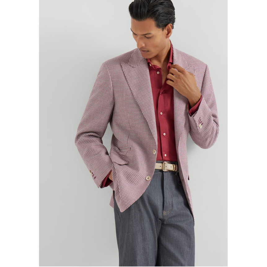 Veste Blazer BRUNELLO CUCINELLI laine vierge soie et lin motif pied-de-poule petit carreaux rouge cerise