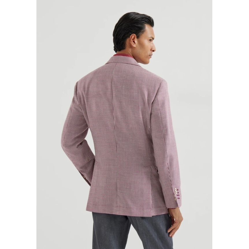 Veste Blazer BRUNELLO CUCINELLI laine vierge soie et lin motif pied-de-poule petit carreaux rouge cerise