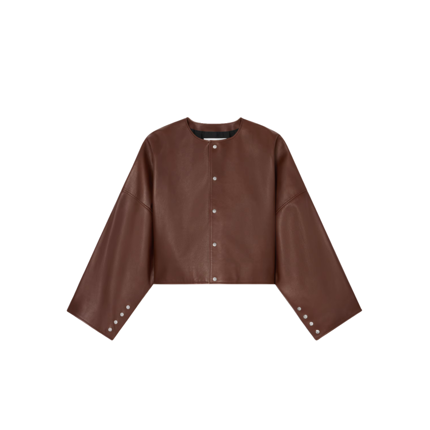 Veste Paletot CELINE col rond cuir agneau marron acajou bouton pression
